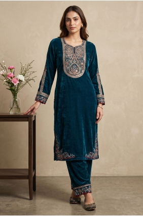 Teal Velvet Embroidered Indo Western Kurti with Dupatta SK159178
