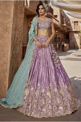Embroidered Satin Lehenga Choli in Lavender LC8375