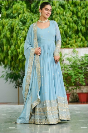 Sky Embroidered Faux georgette Gown Dress GW1165