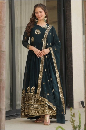 Teal blue Gown Dress in Weaving Faux georgette GW1152