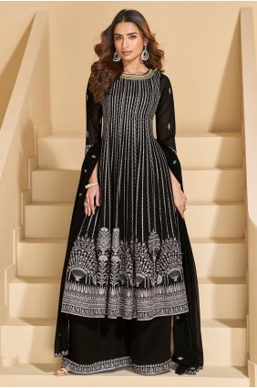 Black Georgette Embroidered Palazzo Suit with Dupatta PZ4477