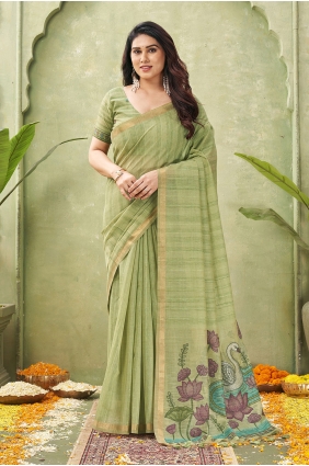 Cotton Saree with Weaving in Green SR30405