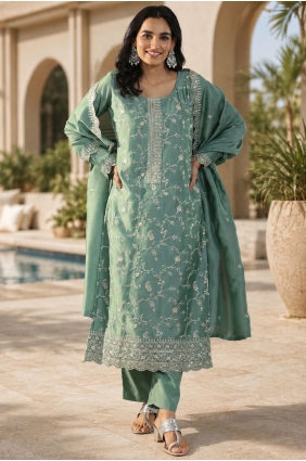 Straight Pant Suit in Green Silk with Embroidered SK159229