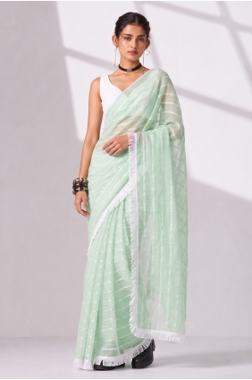 Green Saree in Weaving,lace border Chiffon SR30389