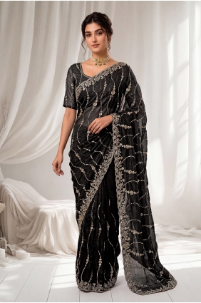Silk Black Saree in Hand,sequins SR30195