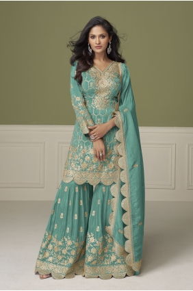 Sea green Sharara Suit in Shimmer with Hand SS1366