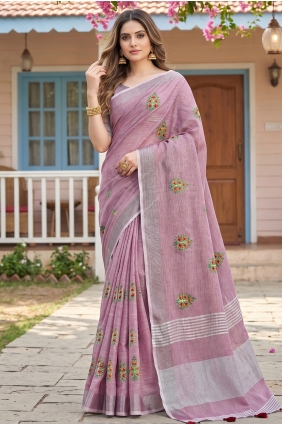 Linen Saree with Embroidered in Light purple SR29944