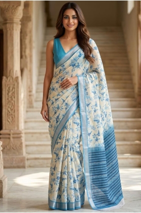 Printed Linen Blue Saree with Blouse SR30182
