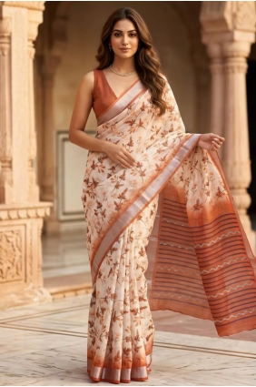 Rust Linen Saree with Printed SR30179