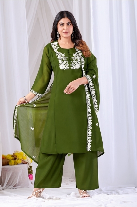 Cotton Straight Pant Suit with Embroidered in Mahendi SK159193