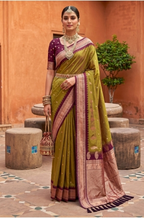 Zari Silk Saree in Mahendi SR30124