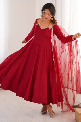 Chanderi silk Anarkali Suit in Maroon with Lace AS4202