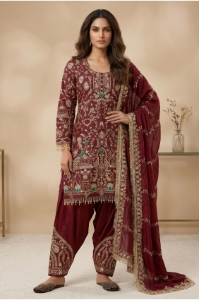 Maroon Embroidered Crepe Salwar Kameez SK159163
