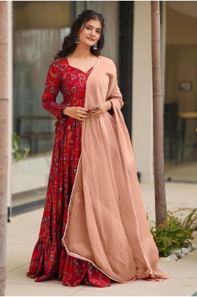 Maroon Gown Dress in Rayon with Digital print GW1118