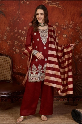 Embroidered Silk Maroon Palazzo Suit with Dupatta PZ4580