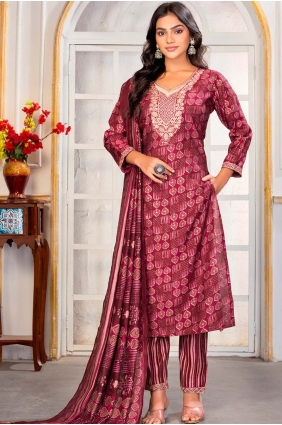 Maroon Chanderi Printed Salwar Kameez with Dupatta SK156139