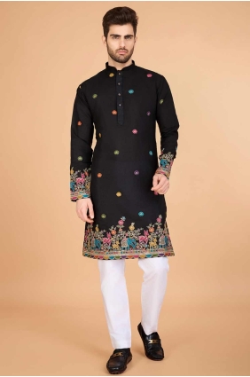 Men Kurta in Black Viscose with Embroidered KURR441