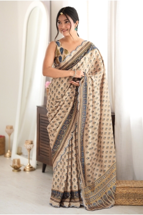 Chinon chiffon Saree in Beige with Mirror printed SR30270