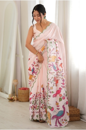 Chinon chiffon Mirror printed Cream Saree with Blouse SR30283