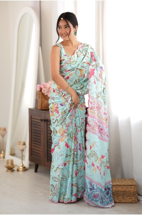 Sea green Mirror printed Chinon chiffon Saree SR30264