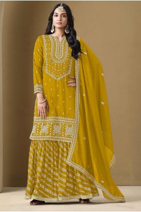 Mustard Embroidered Art silk Palazzo Suit PZ4137