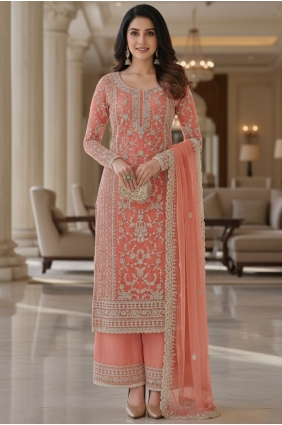 Net Palazzo Suit in Peach with Embroidered PZ4466