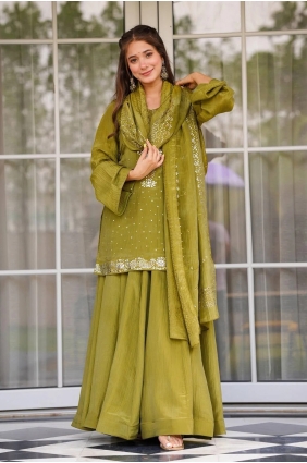 Crystal Chinon chiffon Olive Palazzo Suit with Dupatta PZ4574