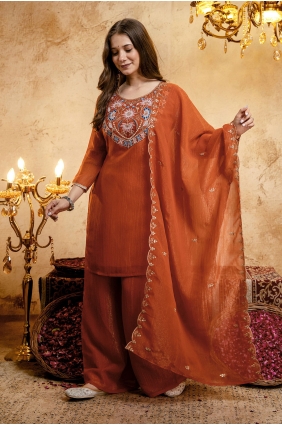 Orange Embroidered Palazzo Suit in Georgette PZ4549