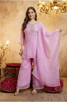 Organza Palazzo Suit with Embroidered in Pink PZ4547