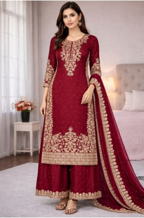 Sequins Silk Palazzo Suit in Maroon PZ4357