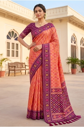 Saree in Carrot pink Patola silk with Embroidered SR30158