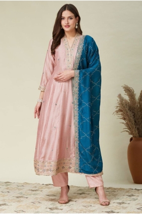 Embroidered Anarkali Suit in Peach Silk AS4238