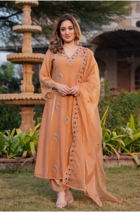 Straight Pant Suit in Peach Organza with Embroidered SK159220