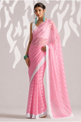 Chiffon Saree in Peach with Weaving,lace border SR30390