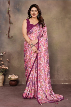 Saree in Pink Satin with Embroidered,printed SR30293