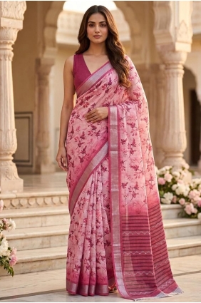 Printed Saree in Pink Linen SR30180