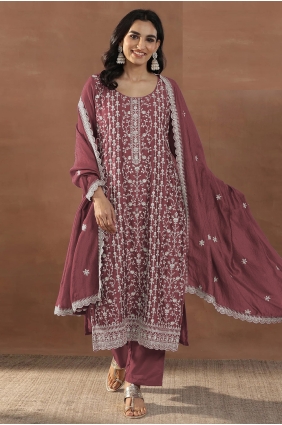 Pink Straight Pant Suit in Silk with Embroidered SK159213