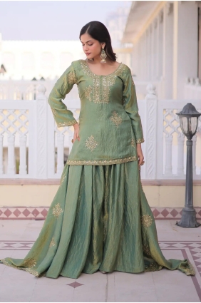 Embroidered Silk Pista Patiala Suit with Dupatta PZ4571