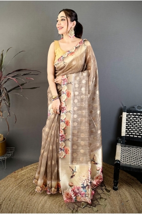 Brown Saree with Printed Cotton SR30060