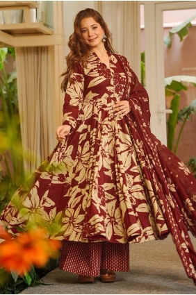 Burgundy Palazzo Suit in Muslin with Printed PZ4453