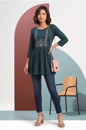 Printed Frock Kurti in Teal Rayon KTI2769