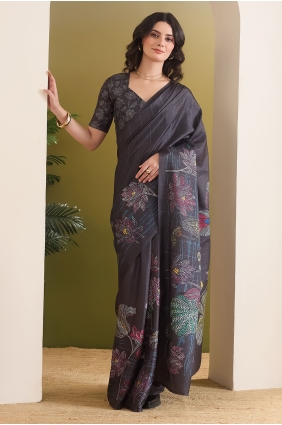 Saree in Black Silk with Printed SR30395