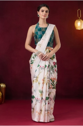 Satin Printed White Saree with Blouse SR30418