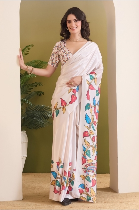 White Printed Saree in Satin SR30421