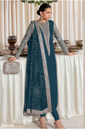 Aqua blue Embroidered Georgette Anarkali Suit AS3648