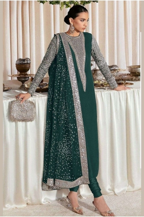 Anarkali Suit Green in Georgette with Embroidered AS3650