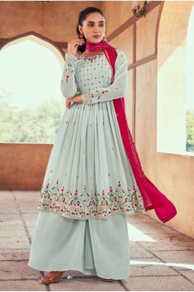 Georgette Embroidered Sky Palazzo Suit with Dupatta PZ3648