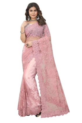 Embroidered Net Dusty pink Wedding Saree with Blouse SR25023