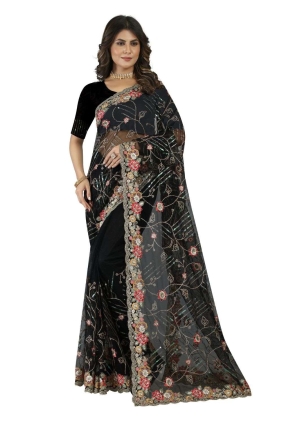 Embroidered Net Wedding Saree in Black with Blouse SR25031