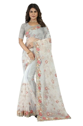 Embroidered Net White Wedding Saree with Blouse SR25032